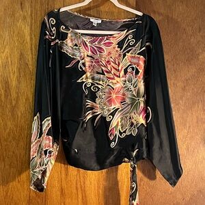 CACHE Black & Pink Floral Silk-Blend Top Sz S